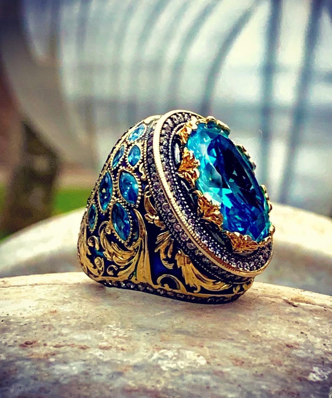 Unique Design Aquamarine Silver Men Ring