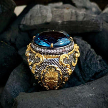 Görseli Galeri görüntüleyiciye yükleyin, Gold Plated Blue Topaz Mens Silver Ring
