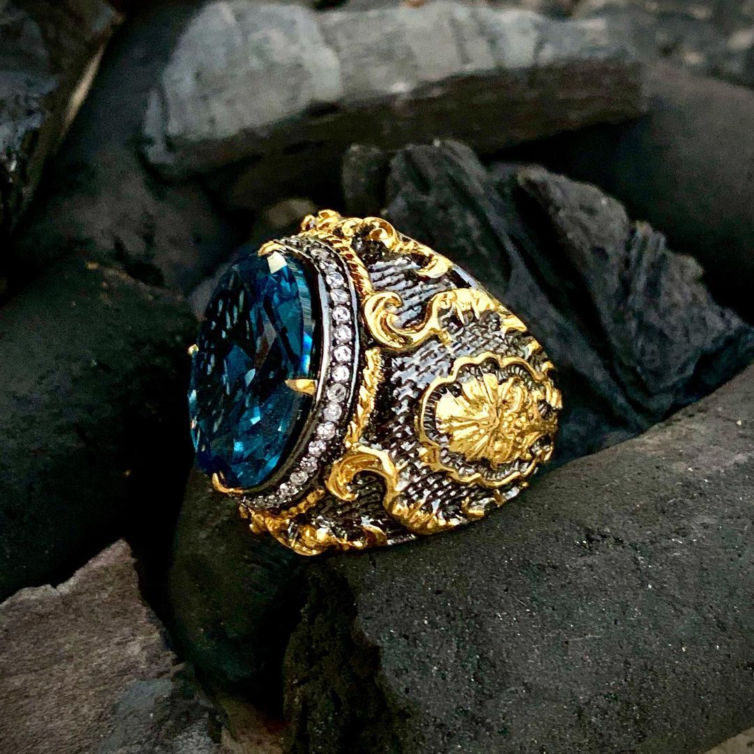 Gold Plated Blue Topaz Mens Silver Ring