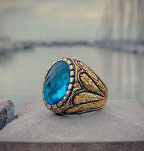 Görseli Galeri görüntüleyiciye yükleyin, Gold Plated Aquamarine Gemstone Silver Ring
