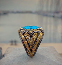 Görseli Galeri görüntüleyiciye yükleyin, Gold Plated Aquamarine Gemstone Silver Ring
