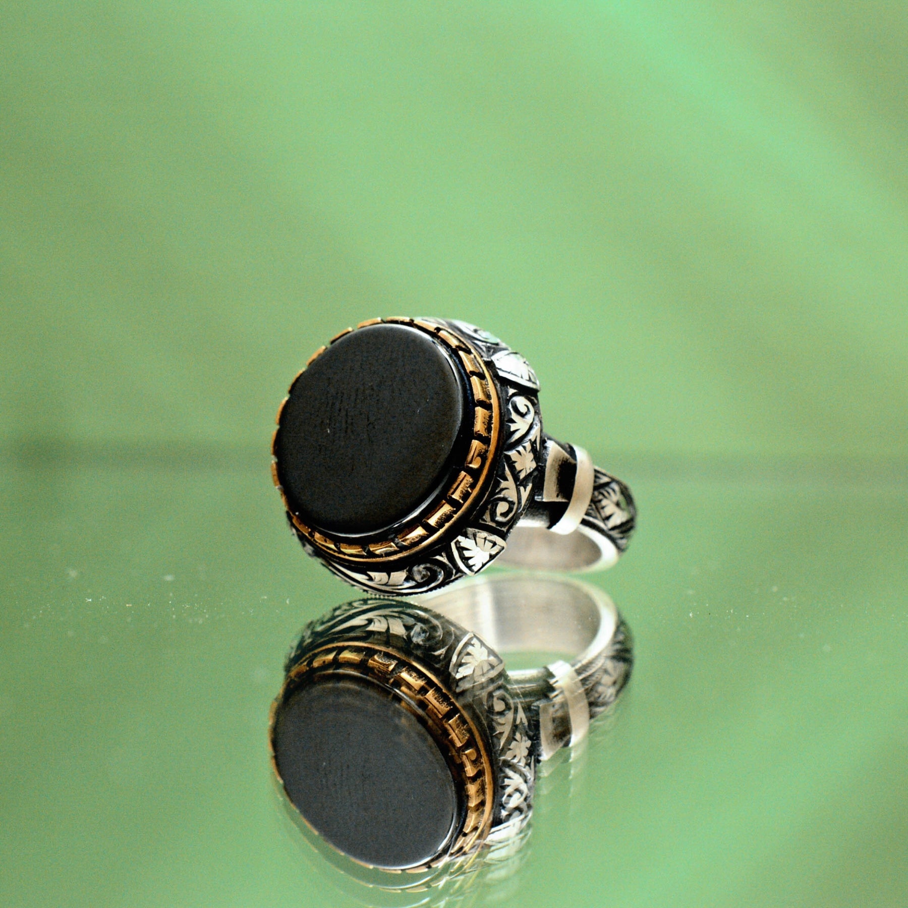 Natural Black Amber Silver Ring