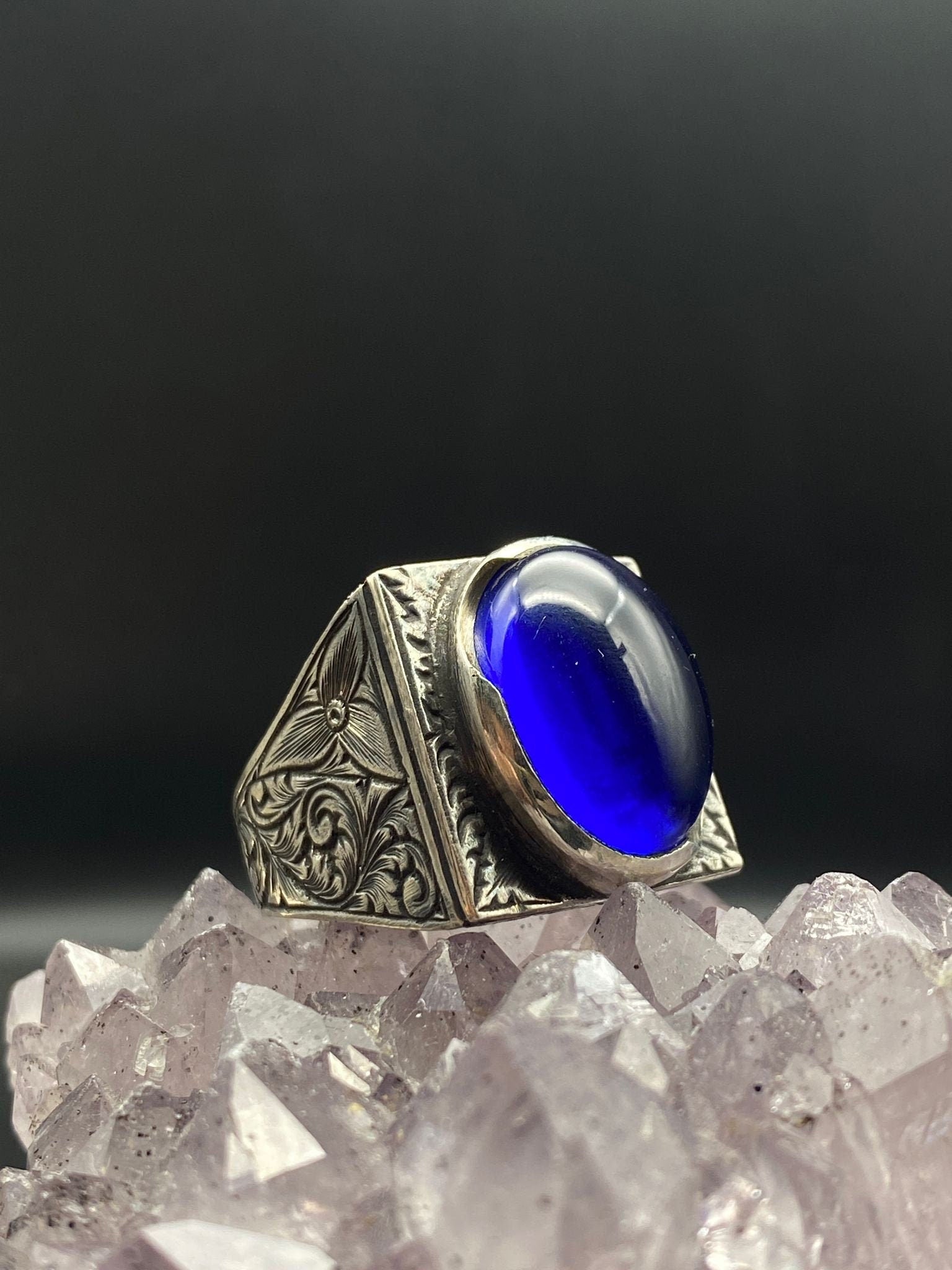 Engraved Round Blue Amber Silver Ring