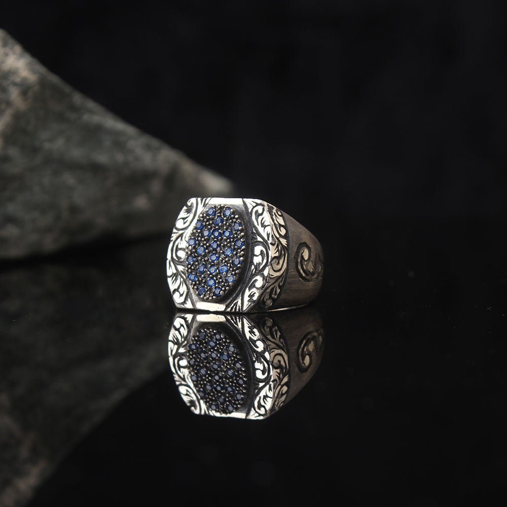 Handmade Engraved Blue Zircon Silver Ring