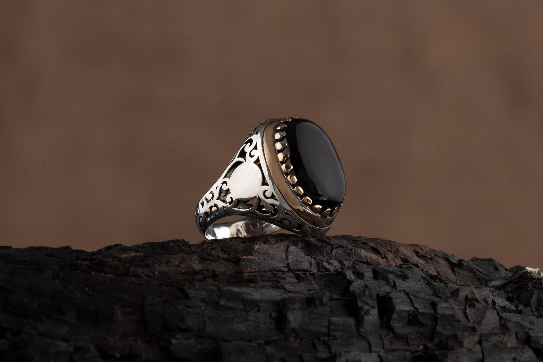 Customizable Black Amber Stone Mens Ring