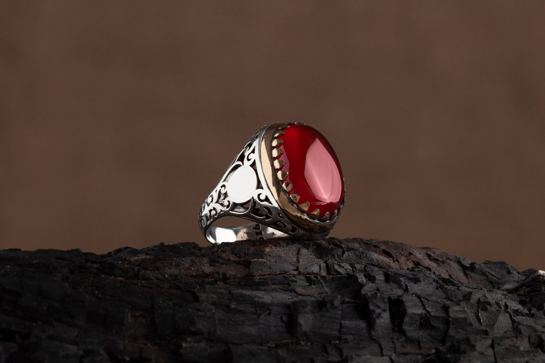 Customizable Mens Red Amber Silver Ring