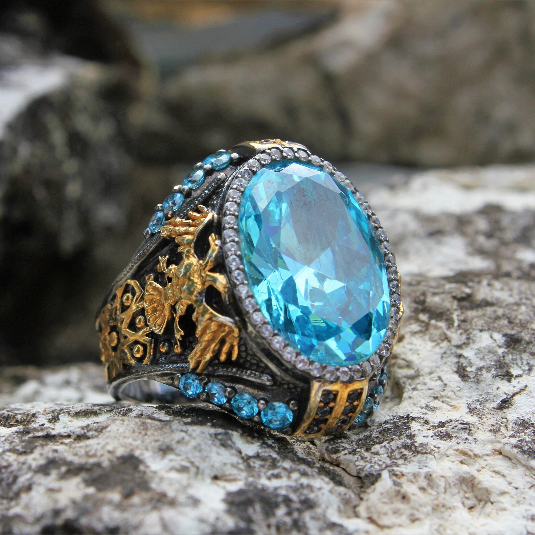 Double Headed Eagle Aquamarine Silver Ring