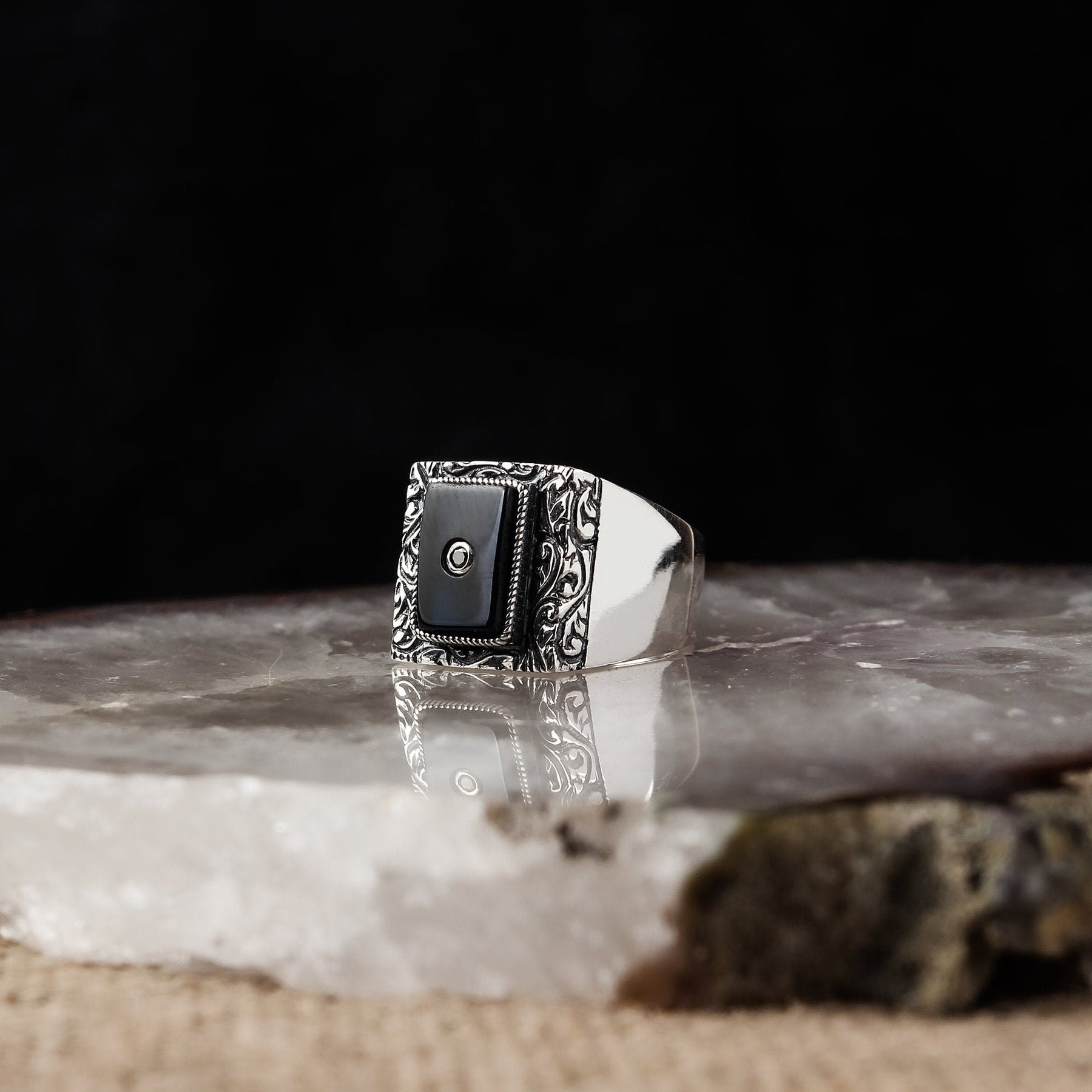 Sterling Silver Ring with Black Amber Men