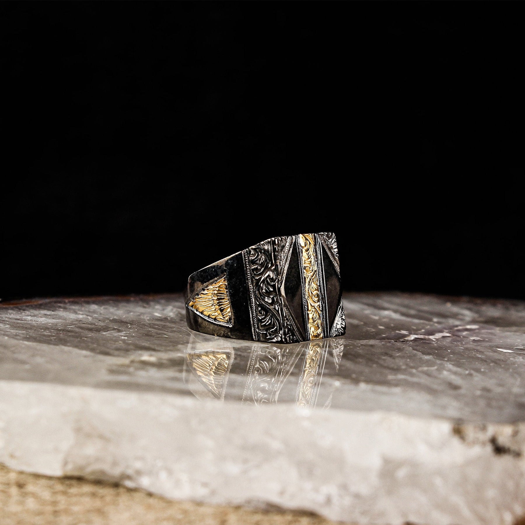 Engraved Black Rhodium Plated Ring Men