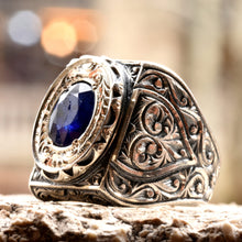 Görseli Galeri görüntüleyiciye yükleyin, Turkish Hand Engraved Blue Topaz Gemstone Silver Ring
