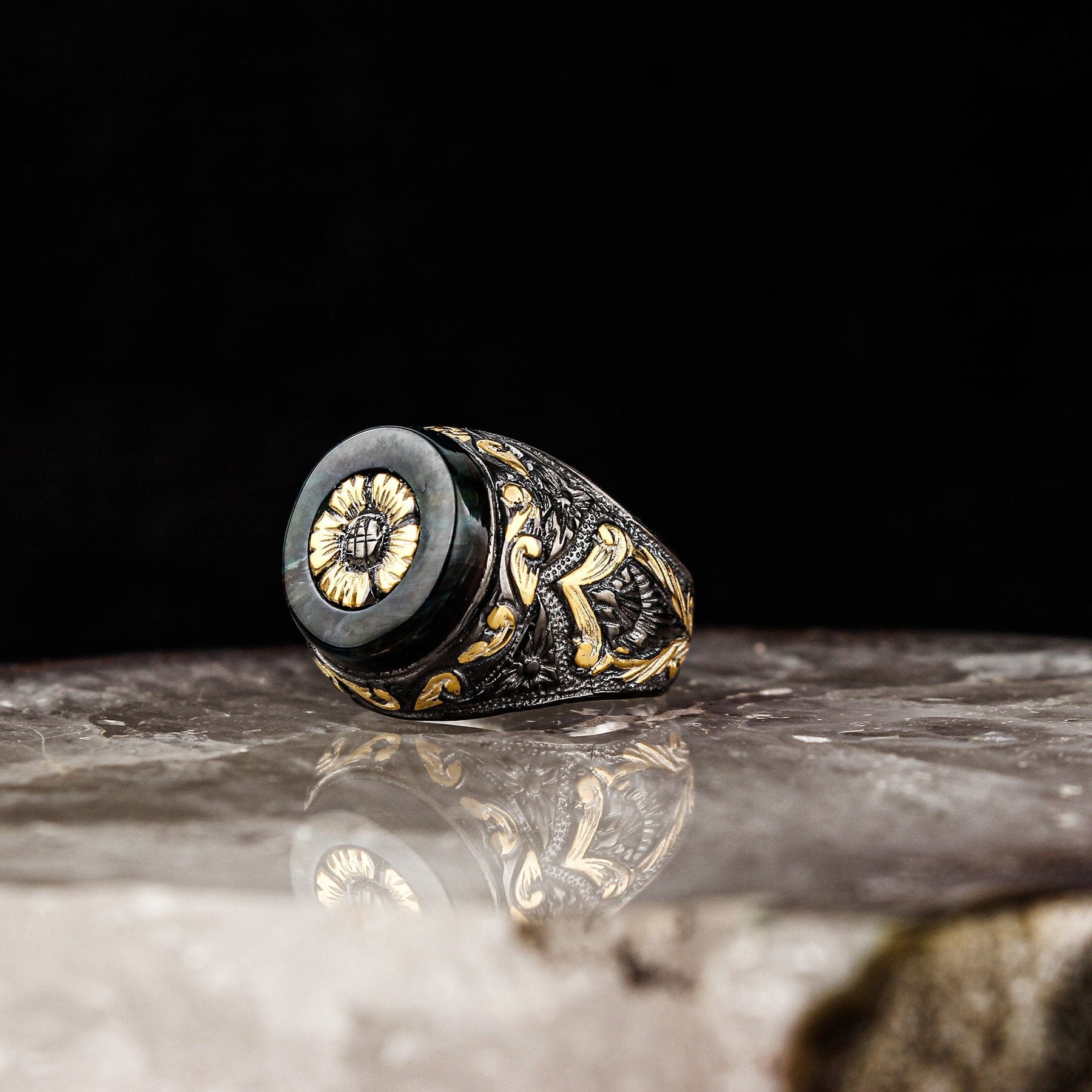 Engraved Floral Motif Black Amber Ring Men