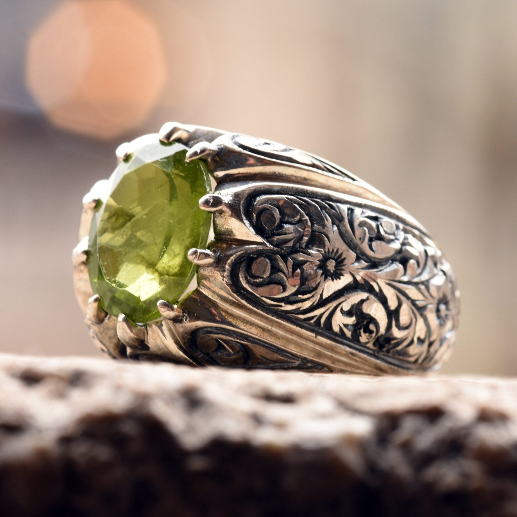 Natural Peridot Sterling Silver Ring Men