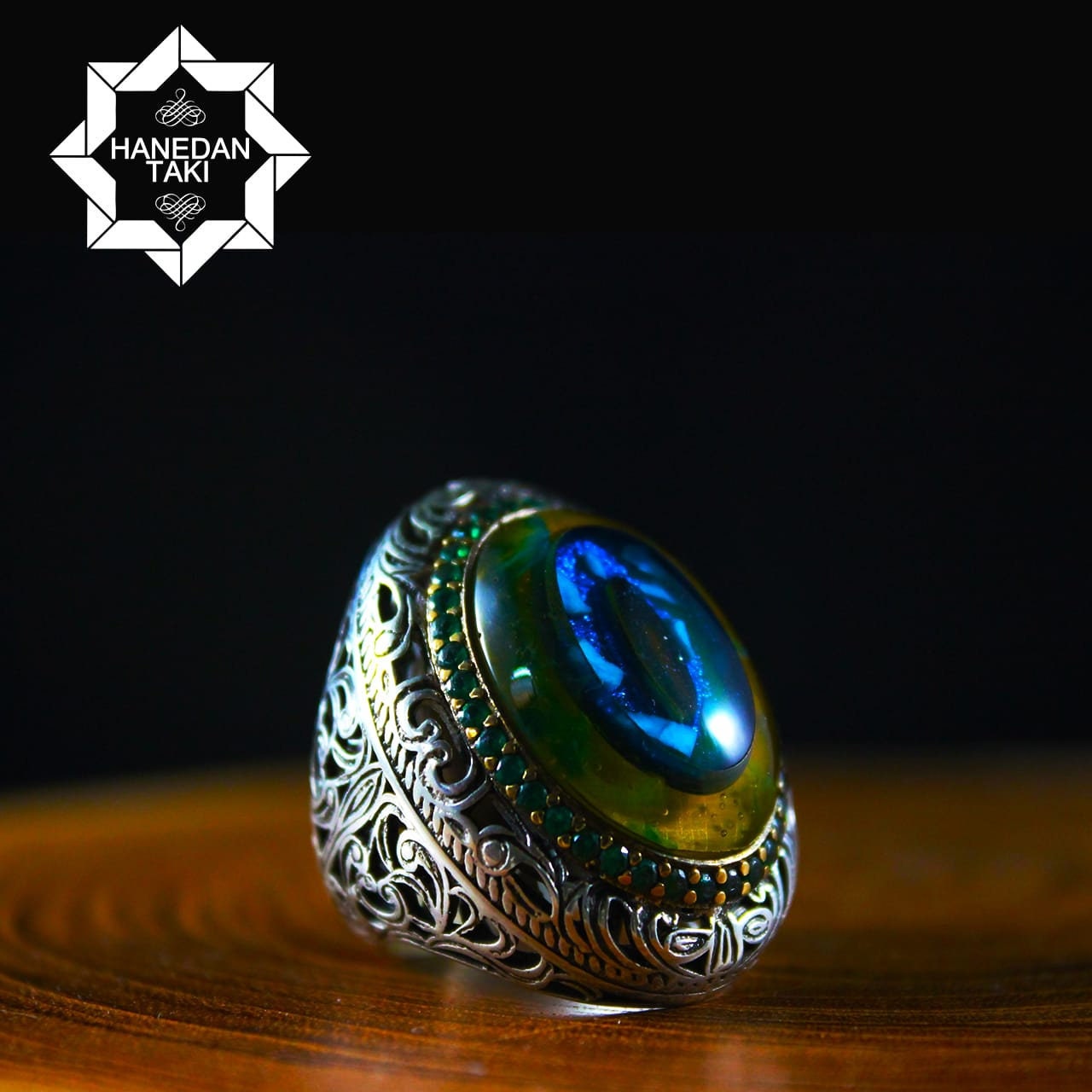 Blue Eye Engraved Amber Silver Ring