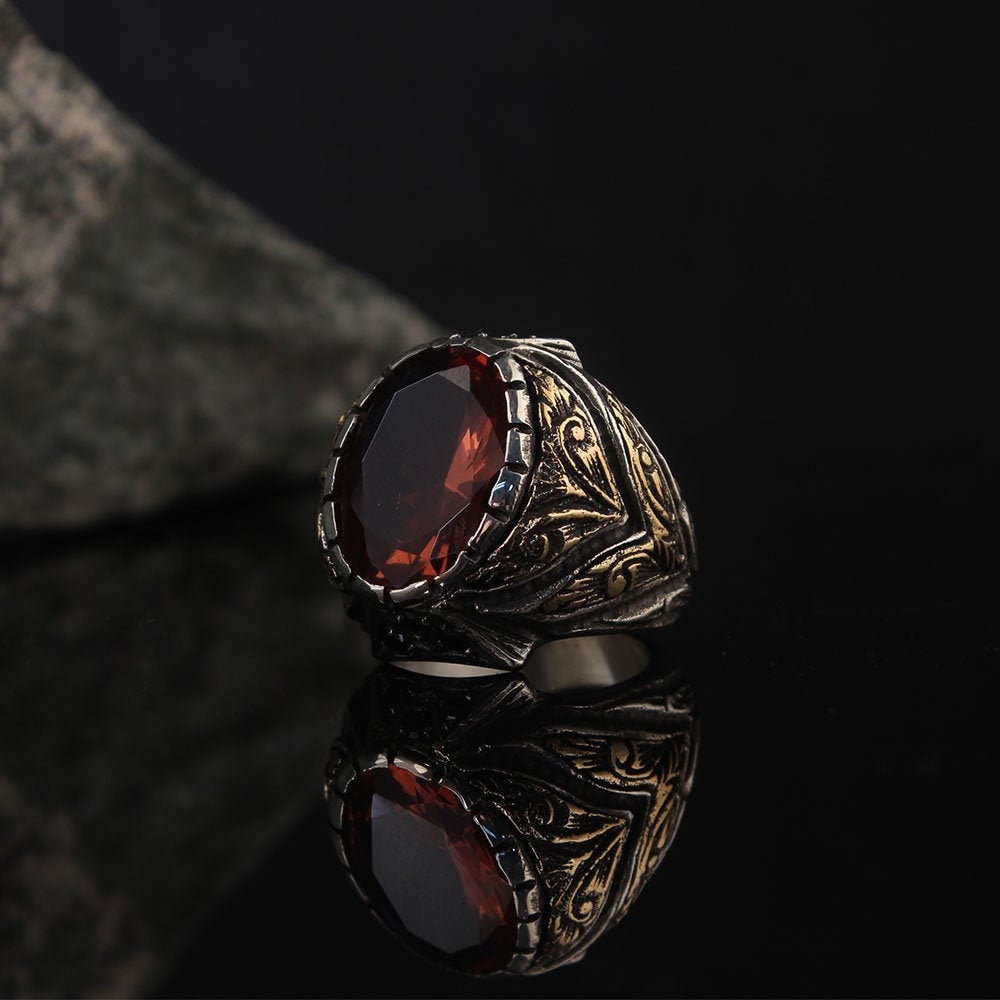 Faceted Red Zircon Silver Ring Men