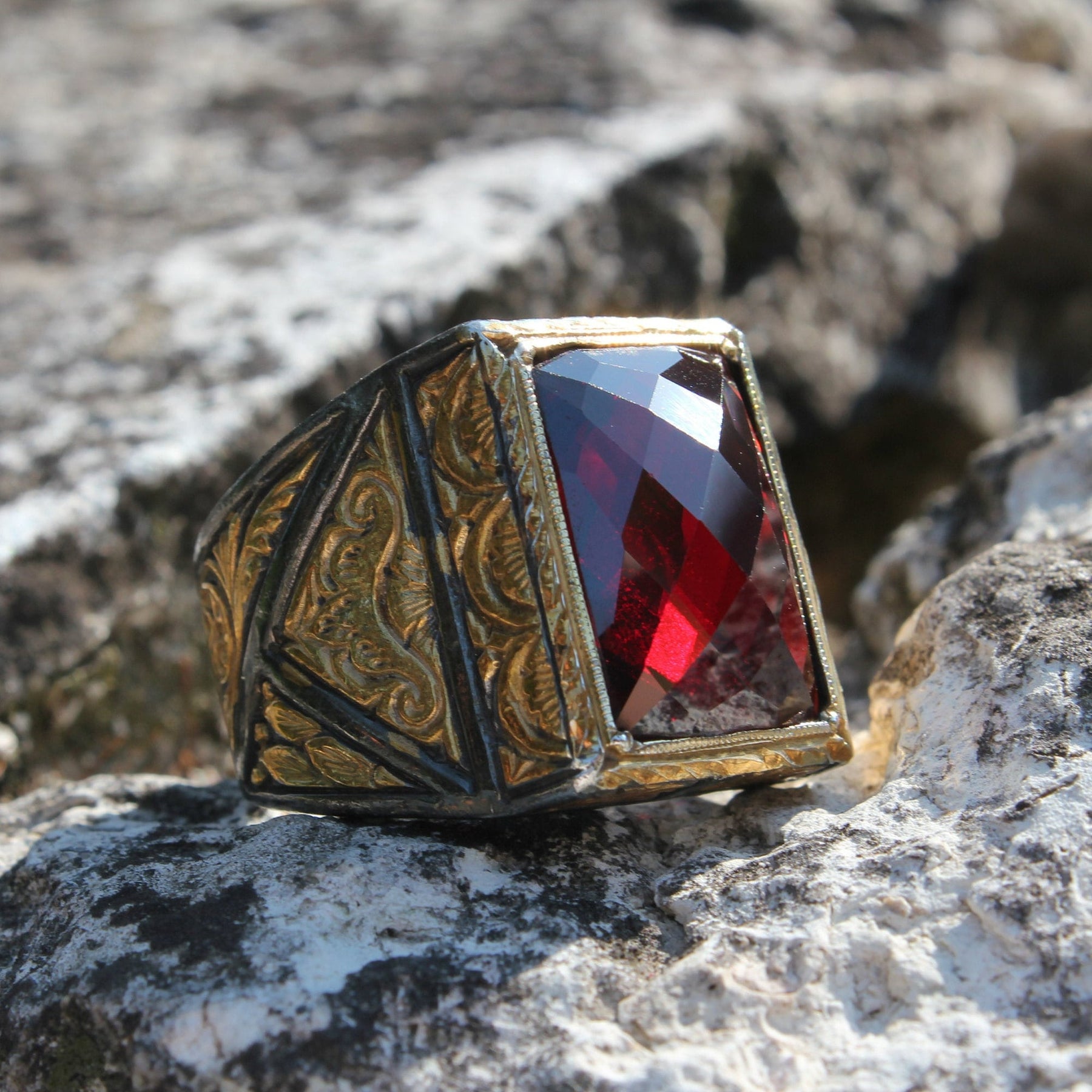 Faceted Red Zircon Gemstone Ring