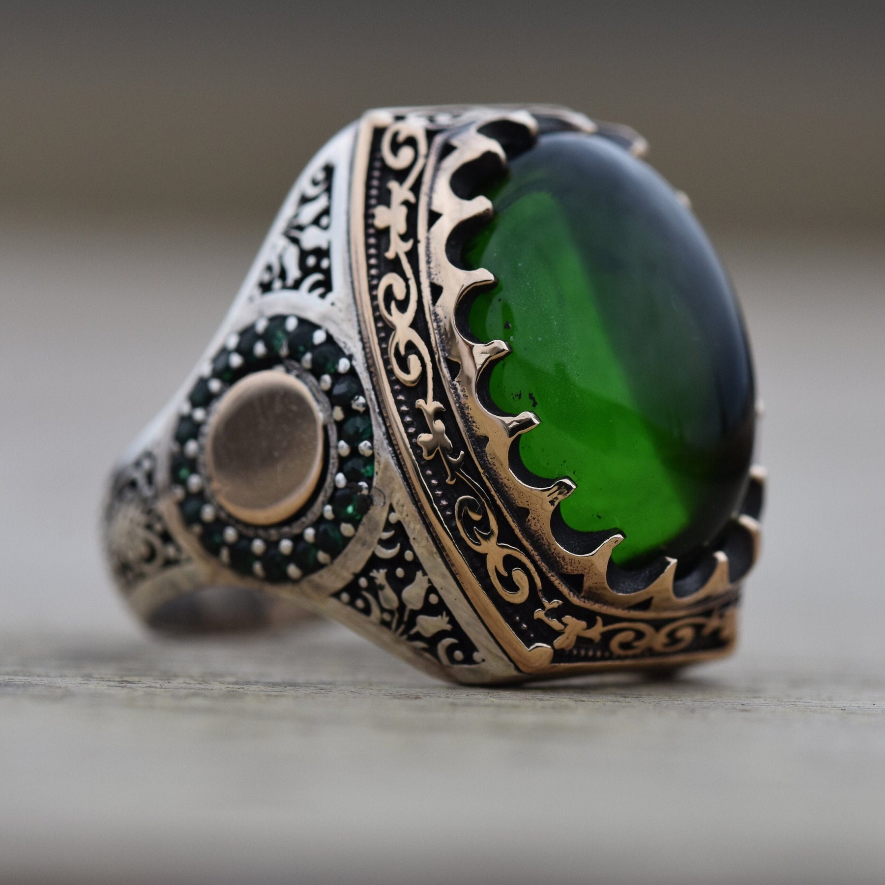 Handmade Green Amber Ring Men