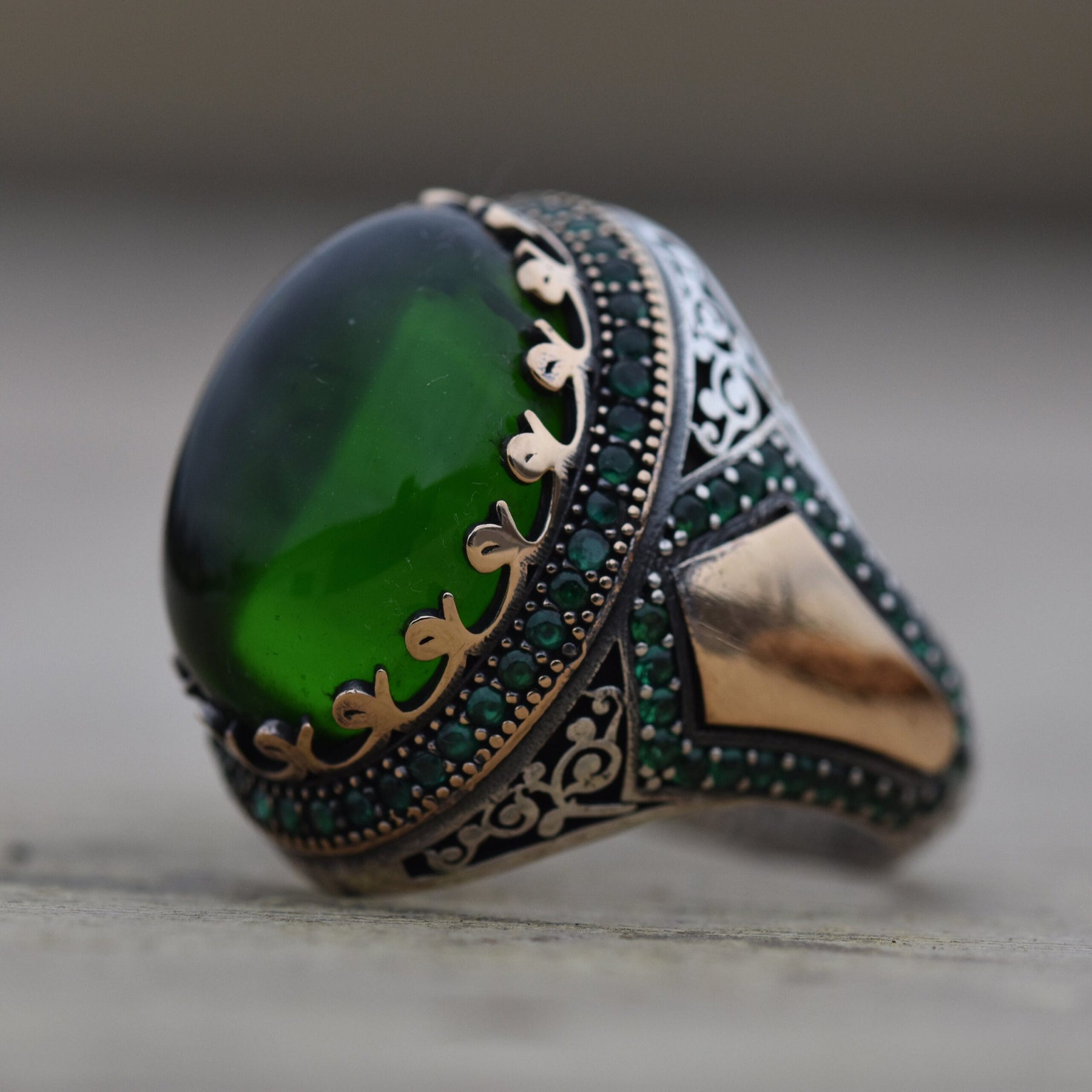 Mens Green Amber Oval Ring