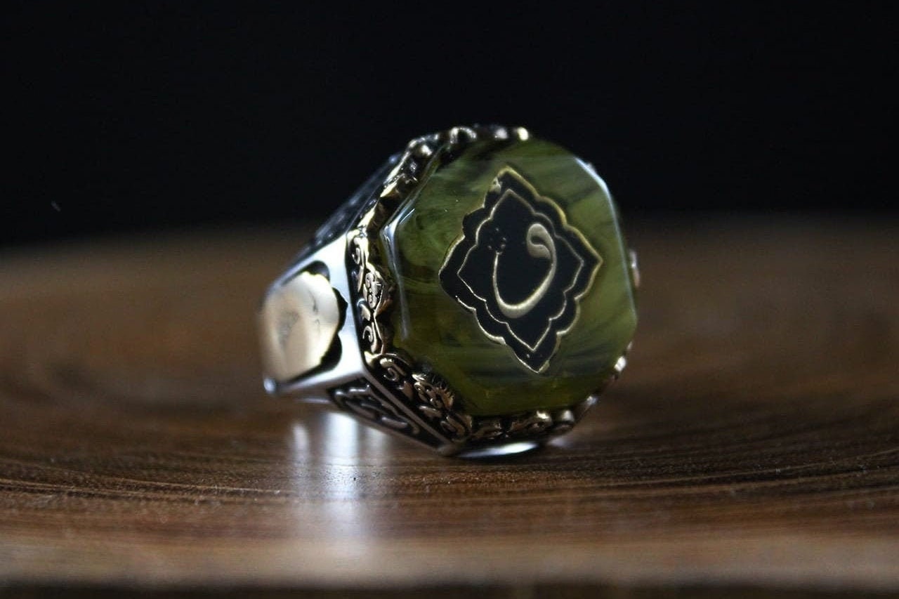 Sufi Motif Green Amber Silver Ring