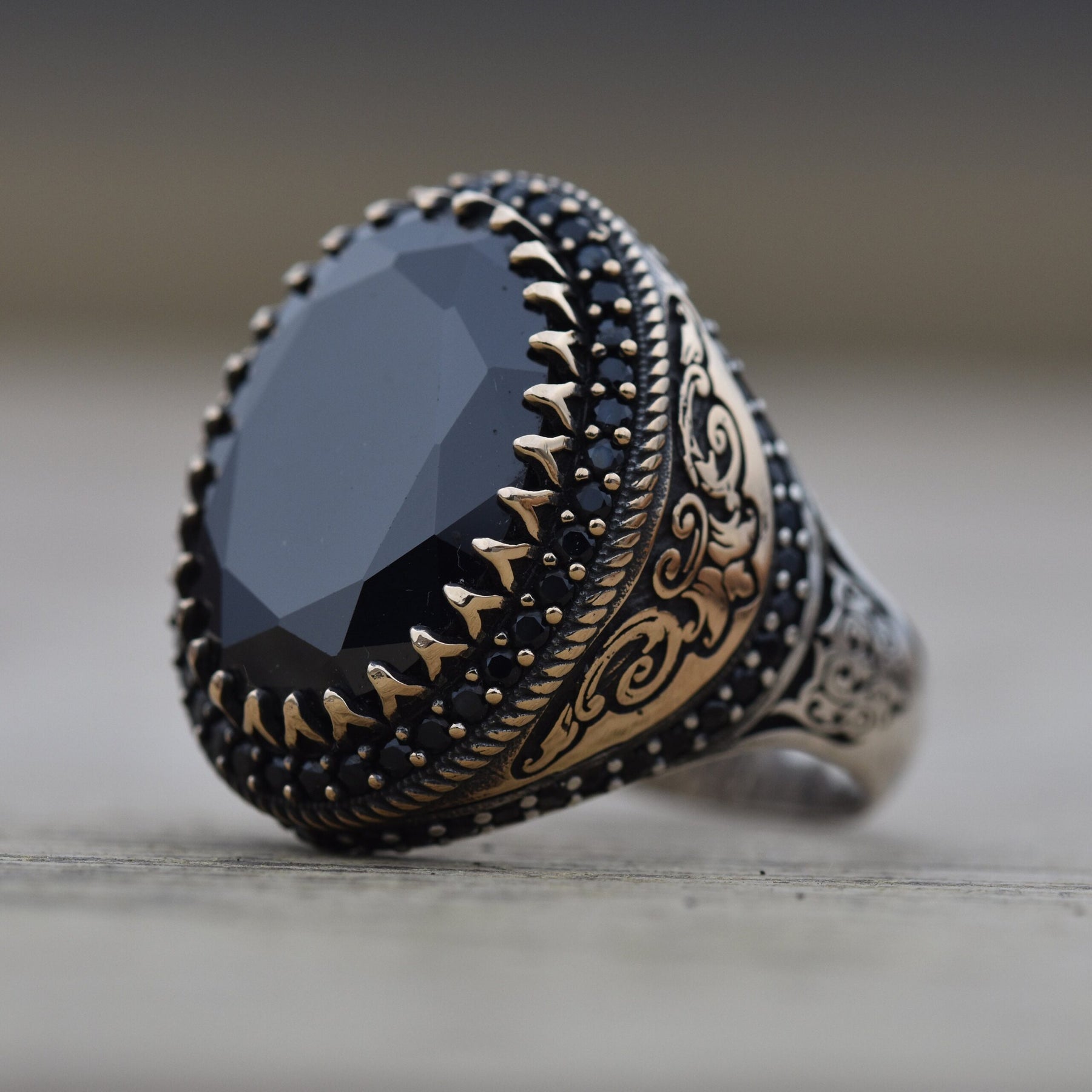 Handmade Black Zircon Silver Ring