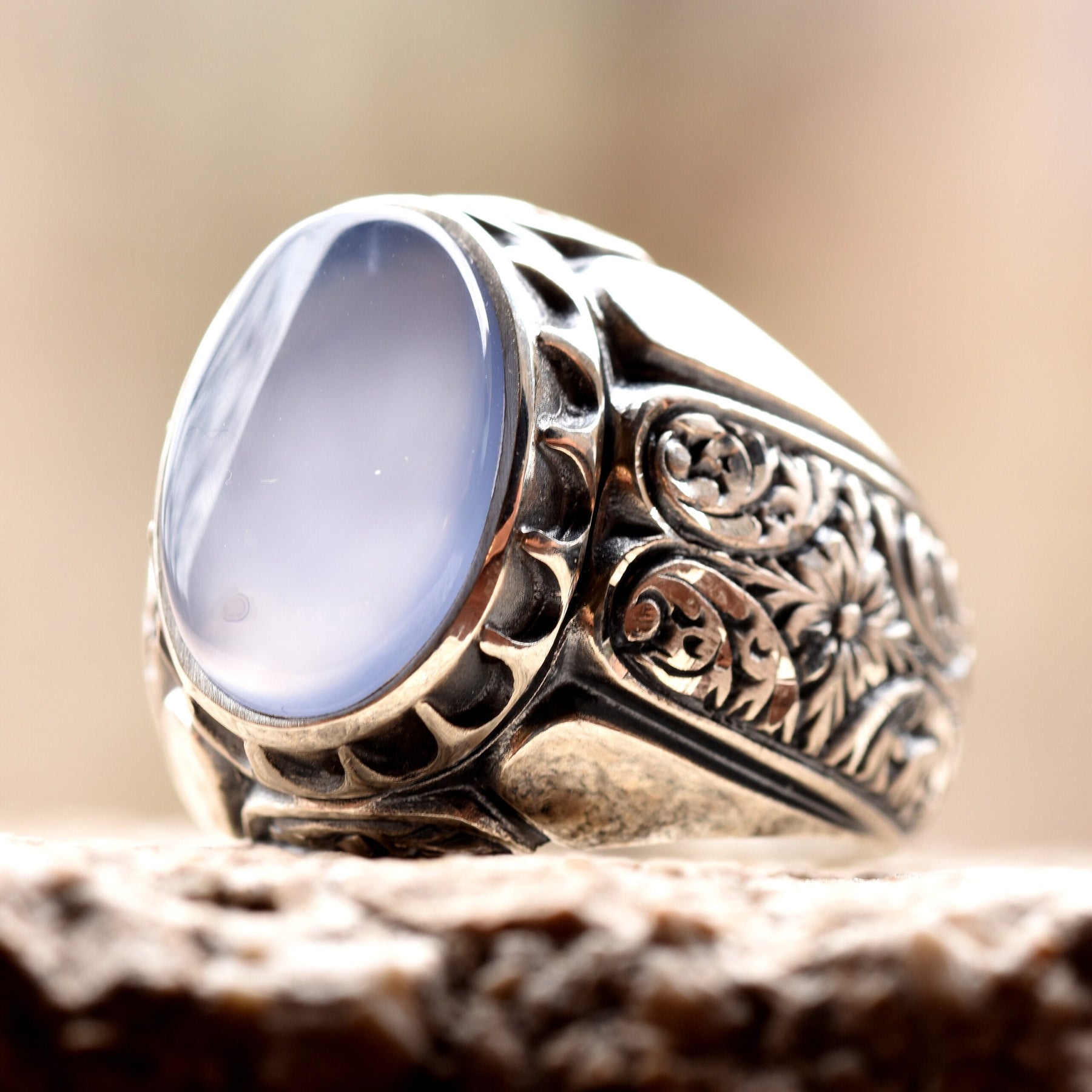 Handmade Blue Agate Engraved Ring