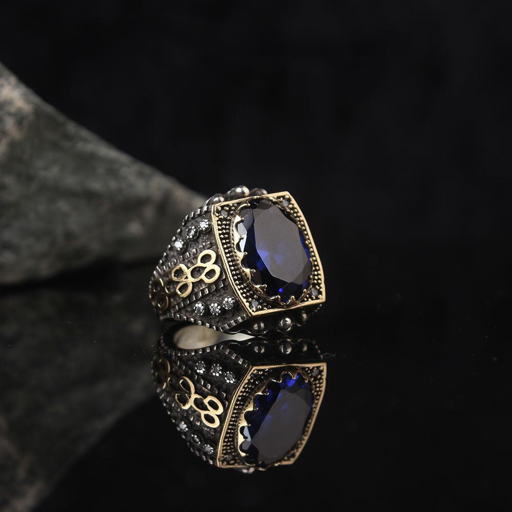 Handmade Blue Zircon Gemstone Ring Men