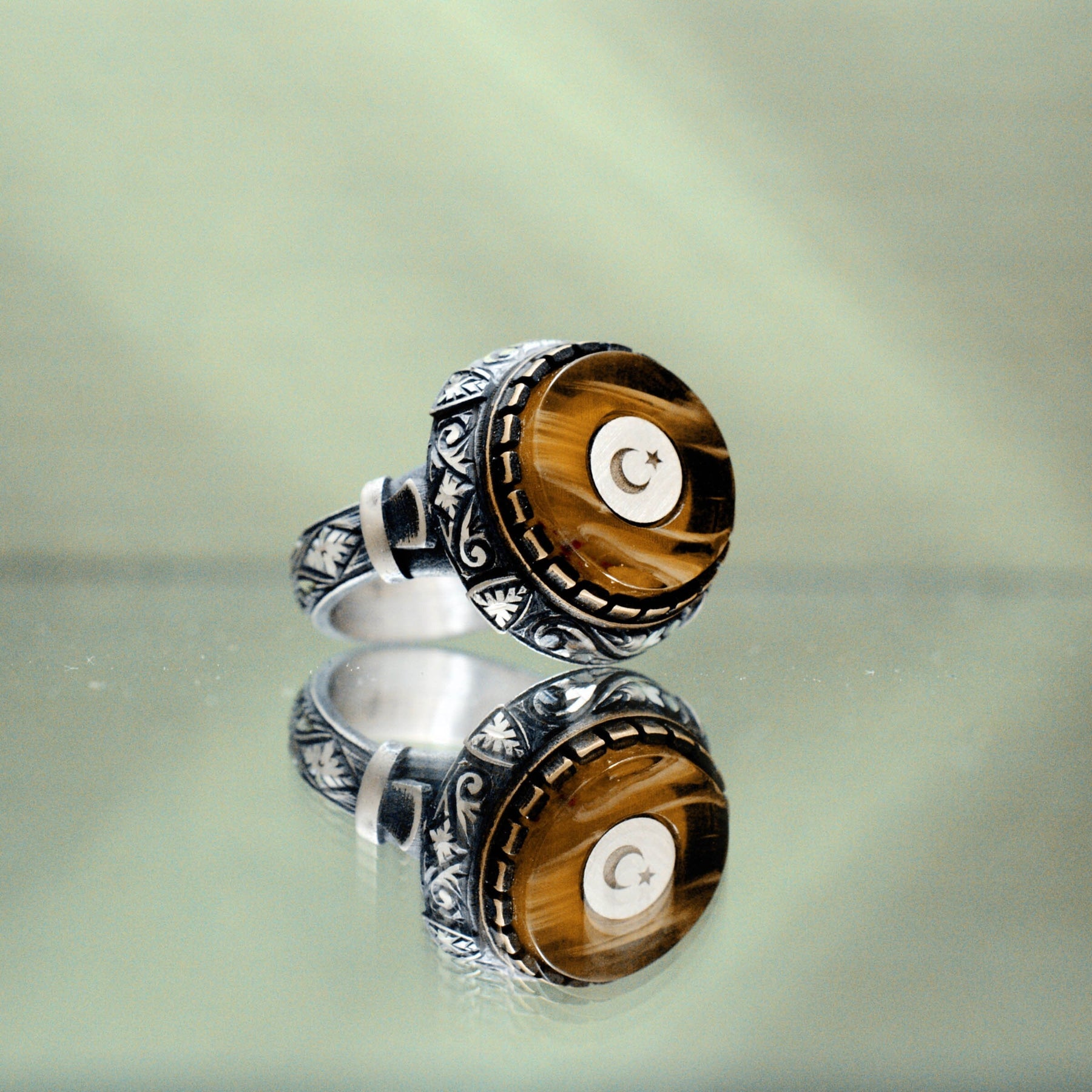 Engraved Star and Crescent Brown Amber Silver Ring