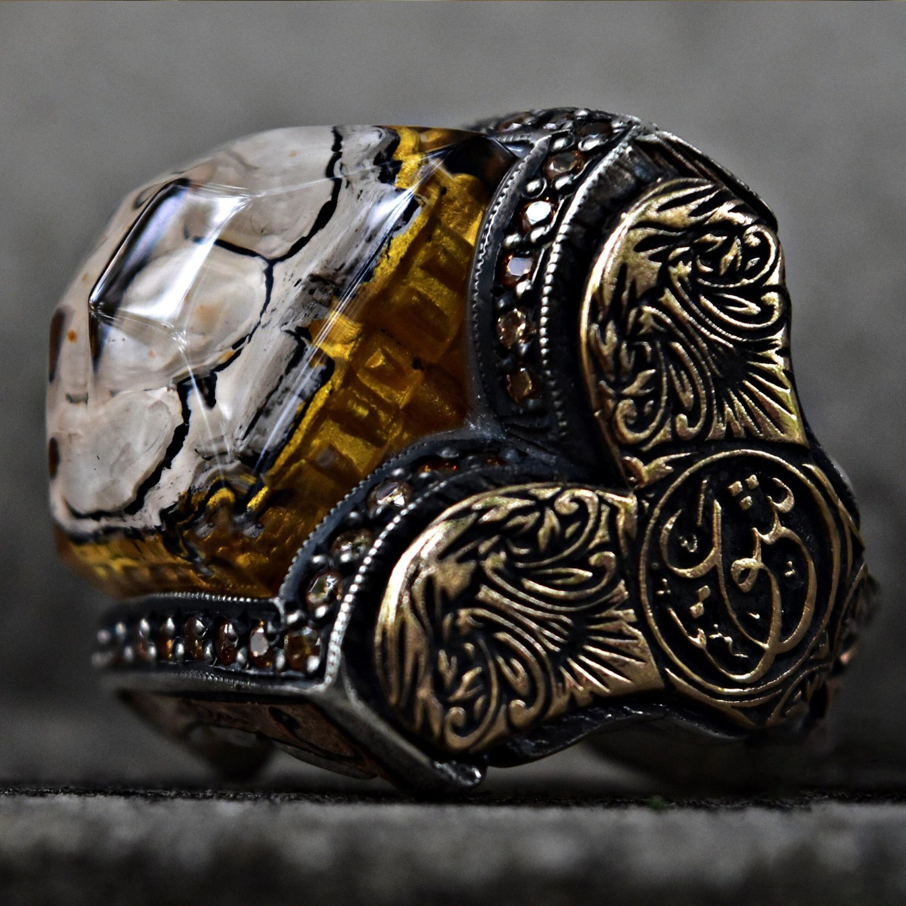 Handmade Engraved Gemstone Ring Men