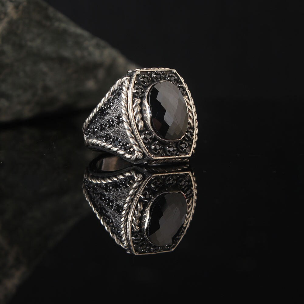 Faceted Black Zircon Men Ring