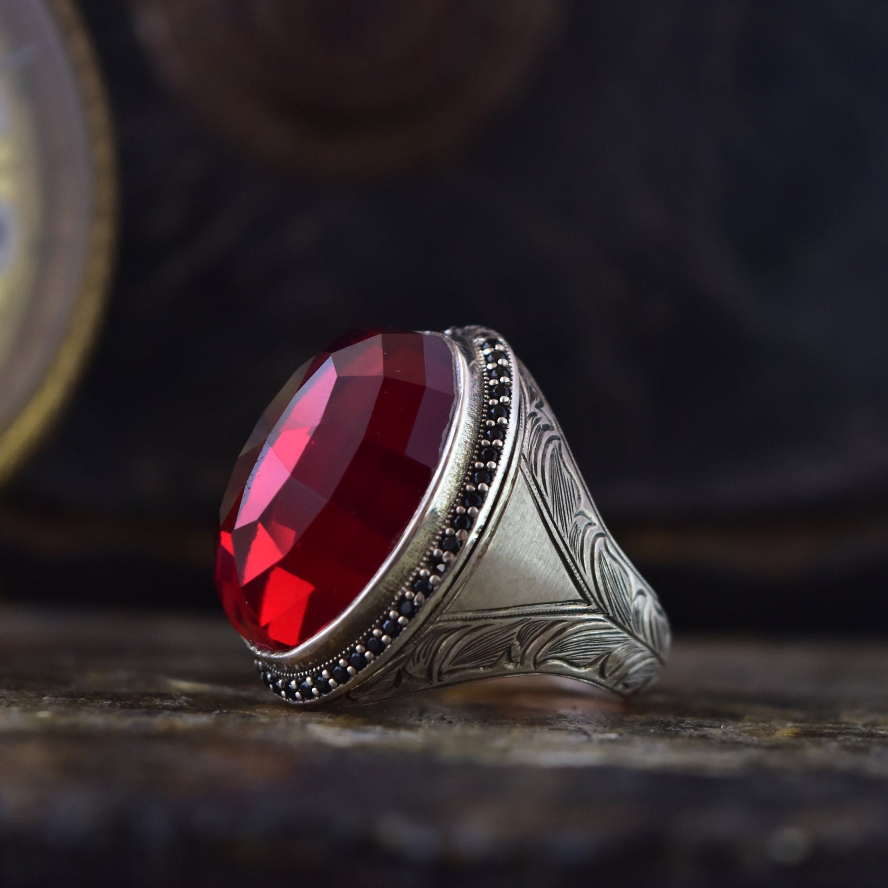 Facated Red Zircon Silver Ring