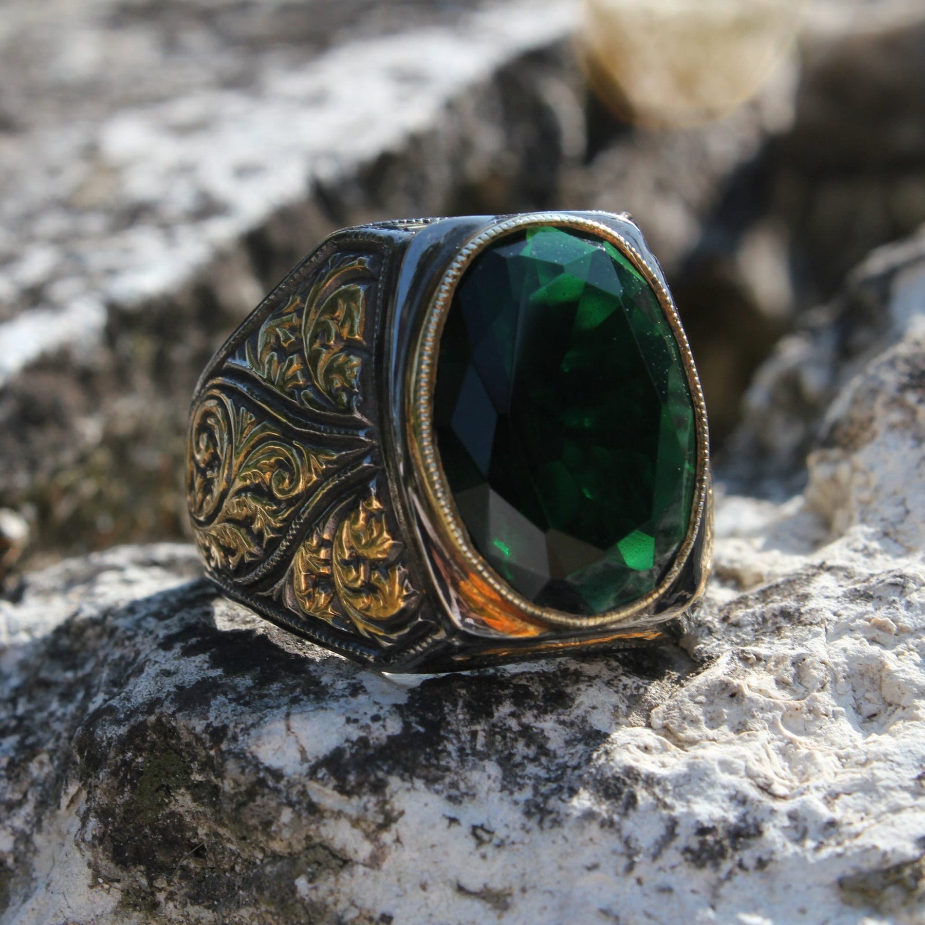 Handmade Green Zircon Silver Ring