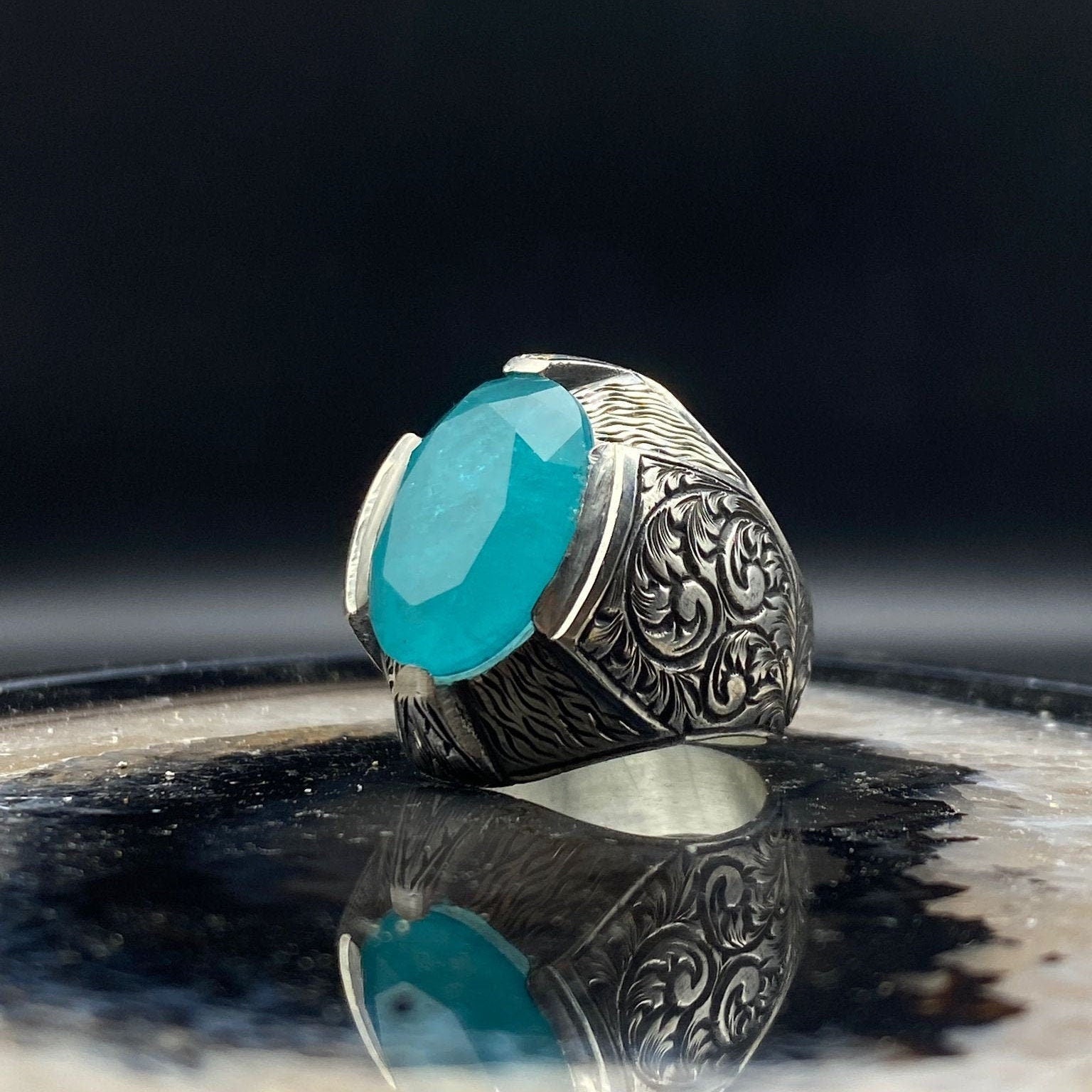 Engraved Blue Paraiba Tourmaline Silver Ring