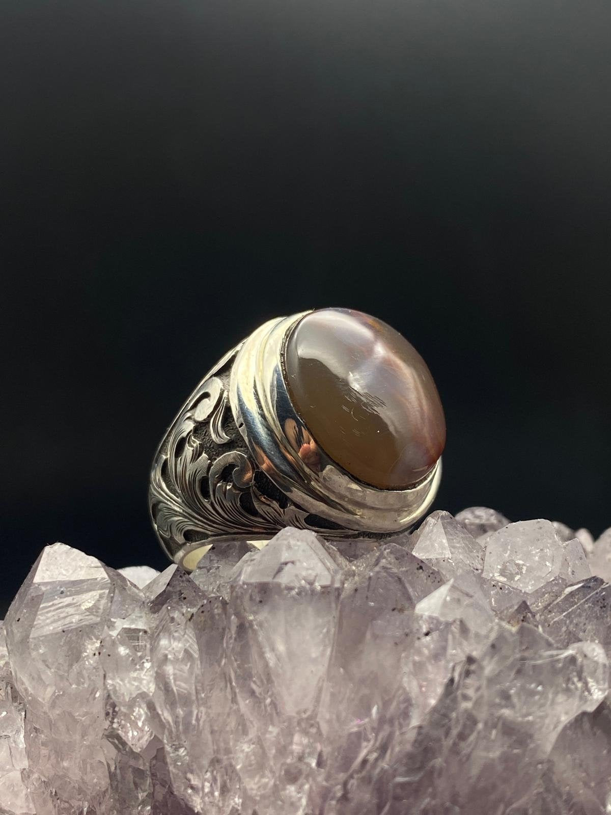 Hand Engraved Brown Agate Silver Ring