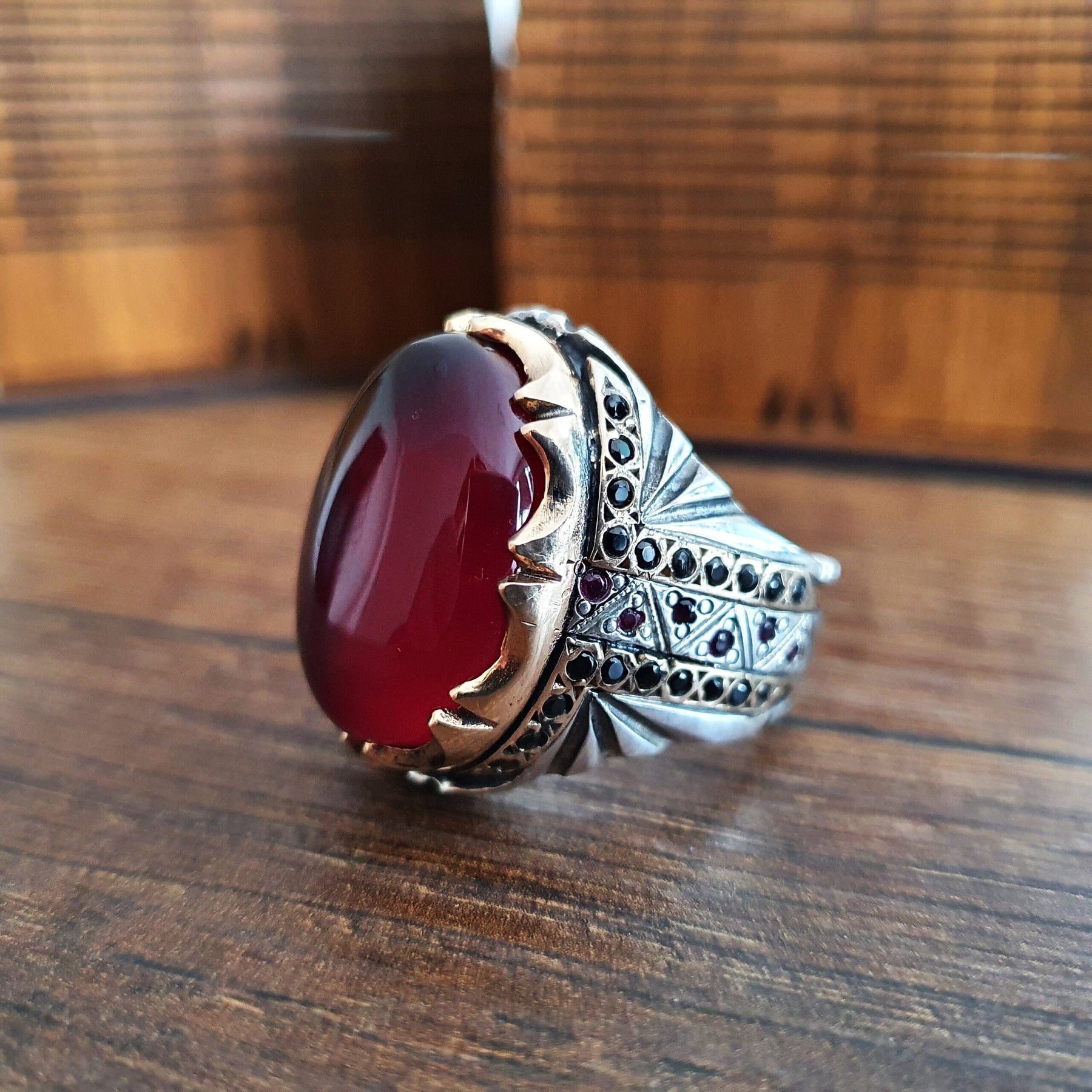 Engraved Red Amber Sterling Silver Ring