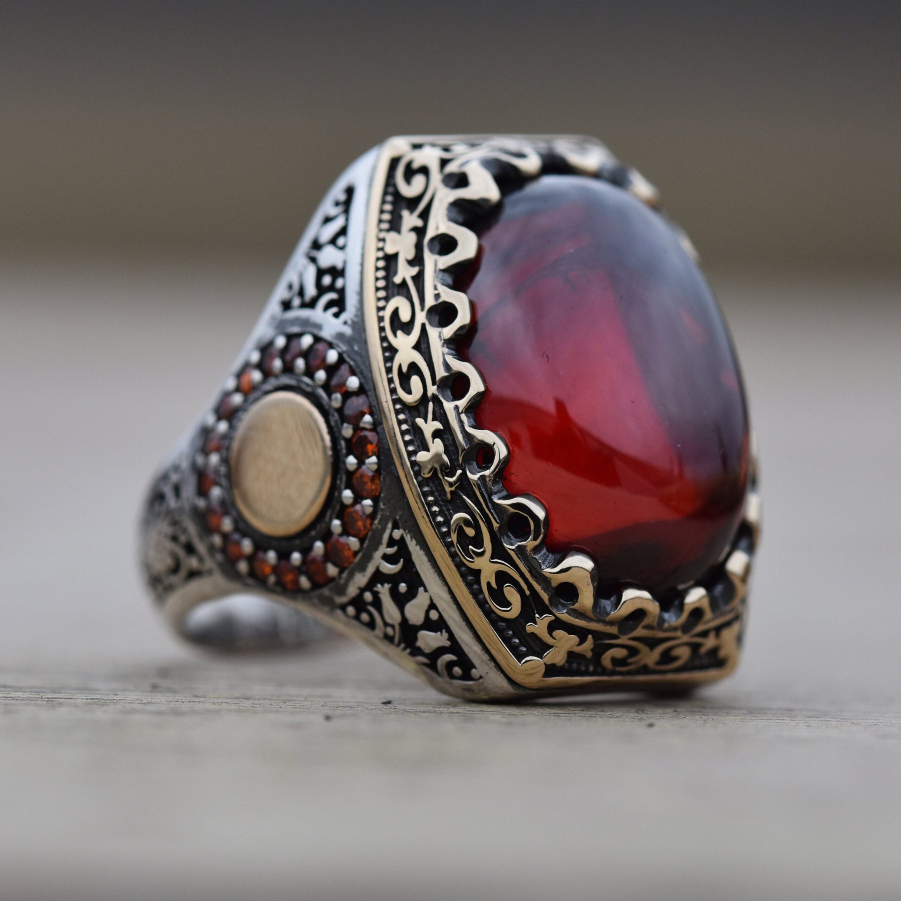 Handmade Red Amber Gemstone Ring