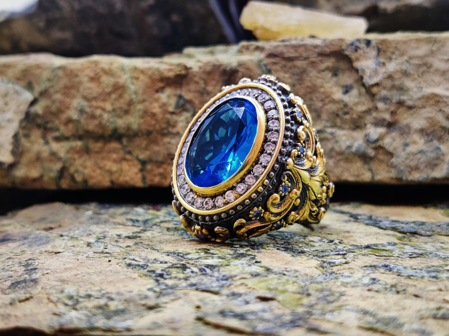 Gold Plated Aquamarine Silver Ring