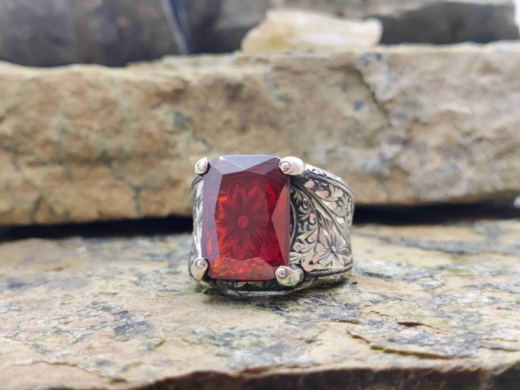 Engraved Red Zircon Silver Ring Men