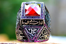 Görseli Galeri görüntüleyiciye yükleyin, Red Zircon Arabic Calligraphy Silver Ring
