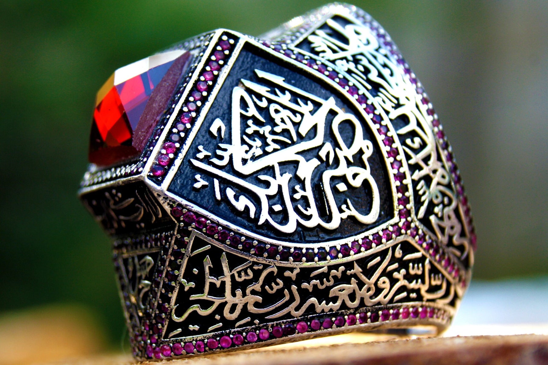 Red Zircon Arabic Calligraphy Silver Ring