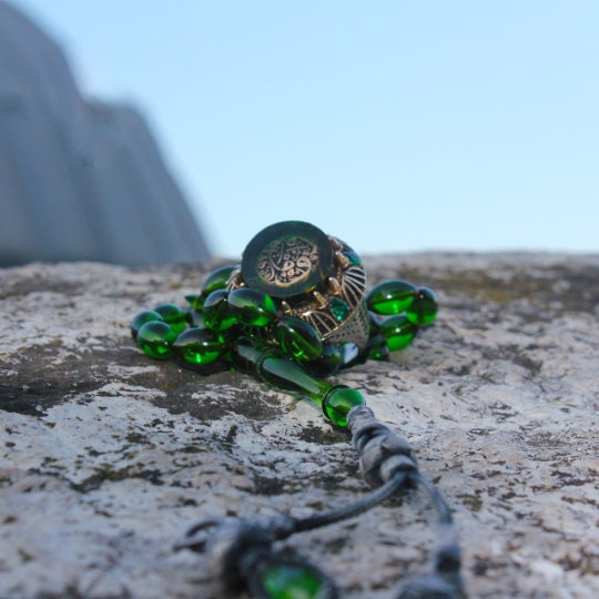 Engraved Islamic Green Amber Silver Ring