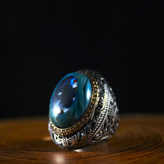 Round Gold Plated Blue Amber Silver Ring