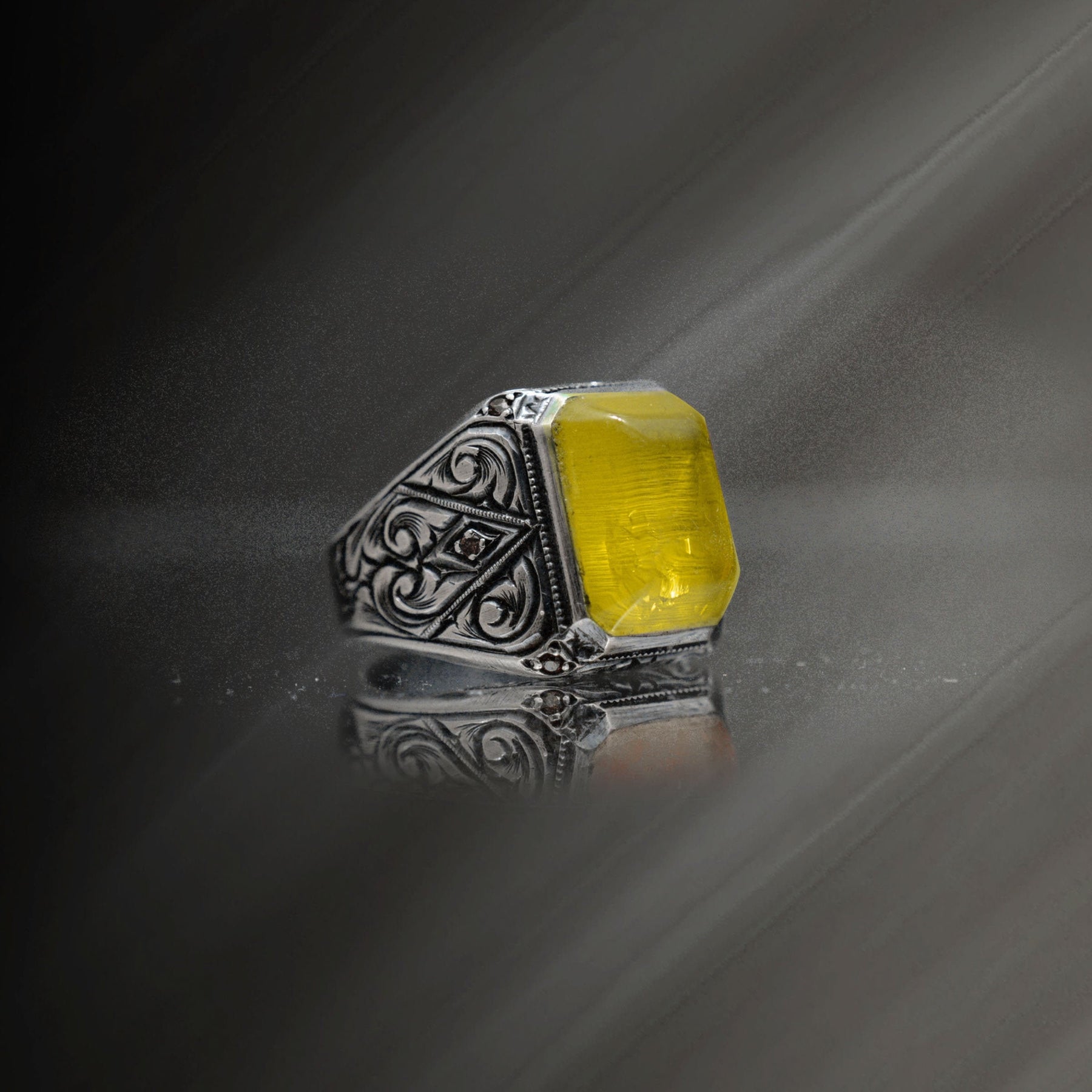 Hand Engraved Original Yellow Amber Silver Ring