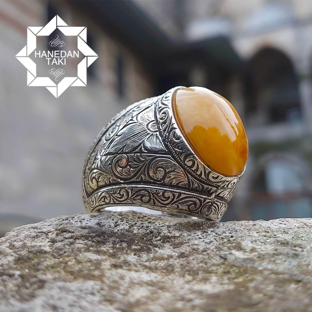 Engraved Yellow Amber Silver Ring