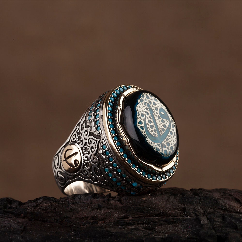 Calligraphy Black Amber With Turquoise Silver Ring