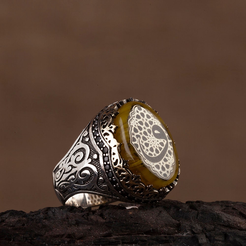 Hand Engraved Yellow Amber Silver Ring