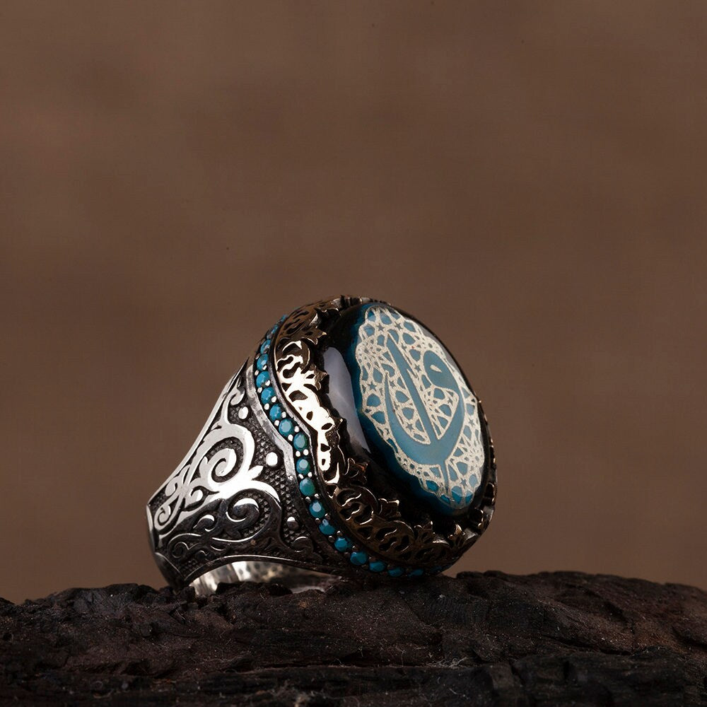 Unique Blue Amber Silver Ring