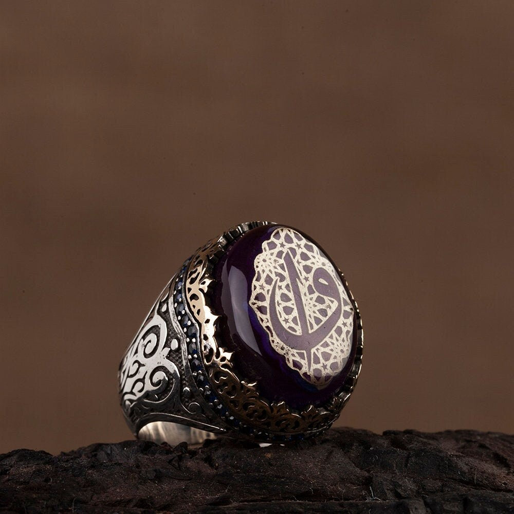 Hand Engraved Navy Blue Silver Ring