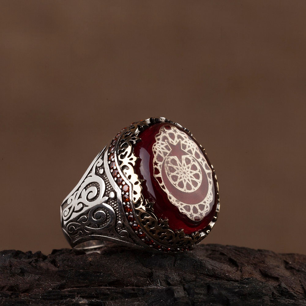 Round Engraved Red Amber Silver Ring