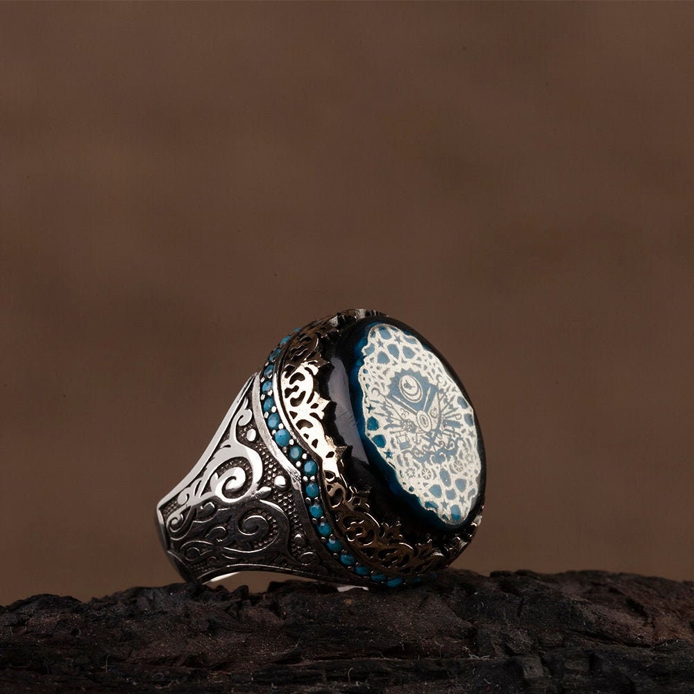 Mens Blue Amber Sterling Silver Ring