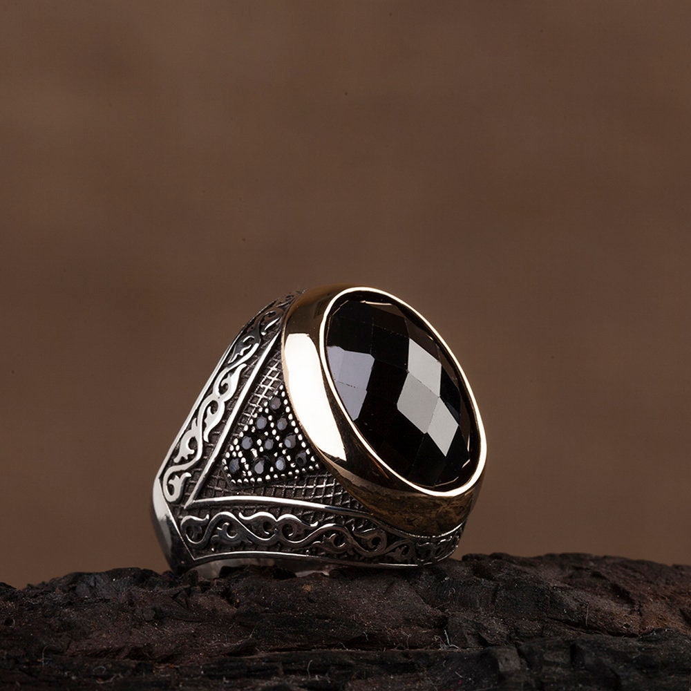 Faceted Black Zircon Silver Ring