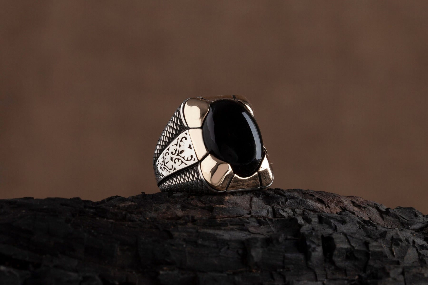 Mens Oval Black Amber Silver Ring